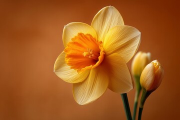 Sunlit yellow daffodil with delicate petals against a warm glowing backdrop, cheerful and minimalist floral design