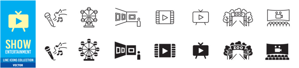 Entertainment Show icon set. live media movie event stage video theater concert cinema ticket magician circus. Linear icon collection. Editable stroke. Vector illustration.