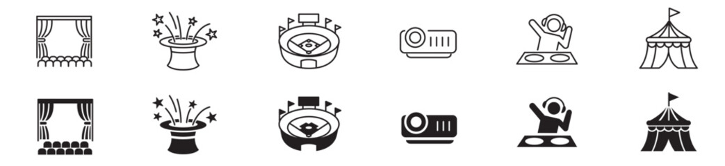 Entertainment Show icon set. live media movie event stage video theater concert cinema ticket magician circus. Linear icon collection. Editable stroke. Vector illustration.