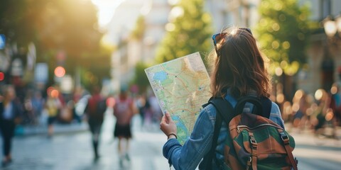 A young woman with long brown hair, wearing a blue shirt and a backpack, is holding a map of a city in her hands. 