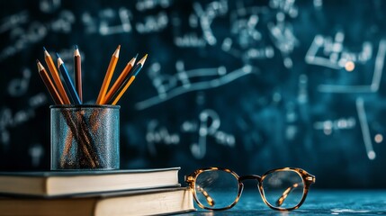 Colorful Pencils in a Holder Beside Books and Glasses on a Desk With Equations on the Blackboard