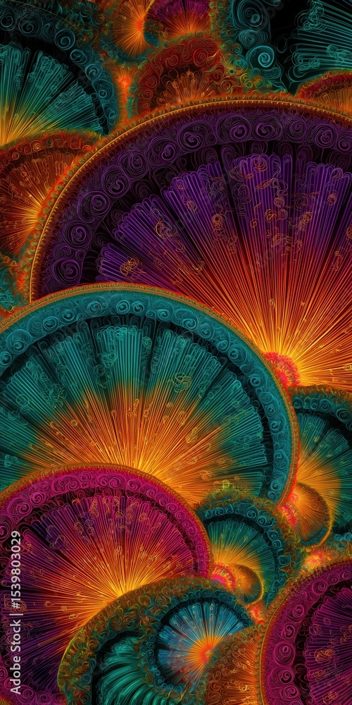 Poster a vibrant abstract digital artwork featuring intricate, glowing, fan-shaped fractal patterns in warm