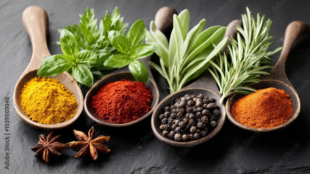 Poster collection of spices and herbs are displayed on a counter. the spices include cumin, paprika, and tu