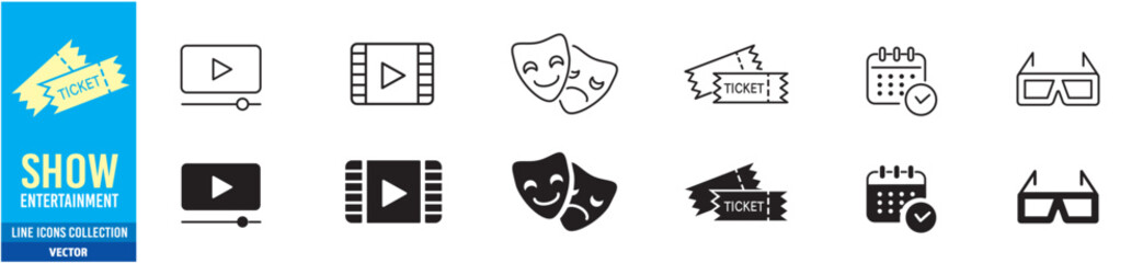 Entertainment Show icon set. live media movie event stage video theater concert cinema ticket magician circus. Linear icon collection. Editable stroke. Vector illustration.