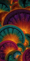 A vibrant abstract digital artwork featuring intricate, glowing, fan-shaped fractal patterns in warm oranges, purples, and cool blues creating a dynamic visual effect.