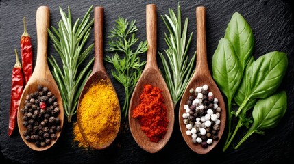 Collection of spices and herbs are displayed in wooden spoons. The spoons are arranged in a row, with each spoon containing a different spice or herb. The spices include black pepper