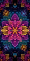 A vibrant, symmetrical digital artwork of a glowing floral mandala with rich hues of purple, pink, yellow, and blue on a dark starry background.