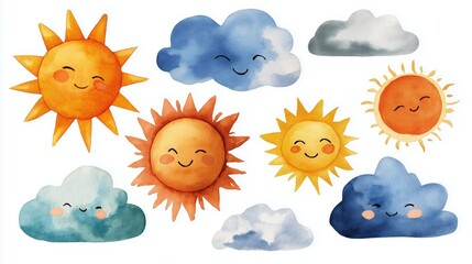 Cute watercolor suns and clouds with smiling faces in various colors and styles on a white background.