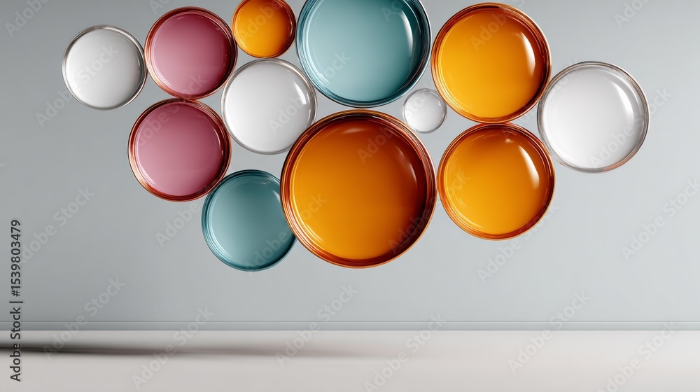 Poster colorful array of round objects, including some orange and blue, are suspended in midair. the scene 