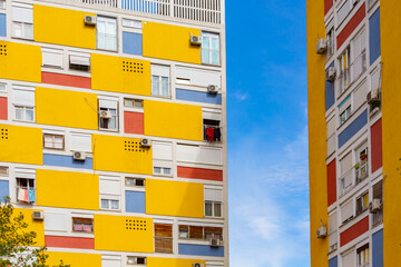 Vibrant modern apartment buildings in Podgorica, Montenegro against clear blue sky. Podgorica,...
