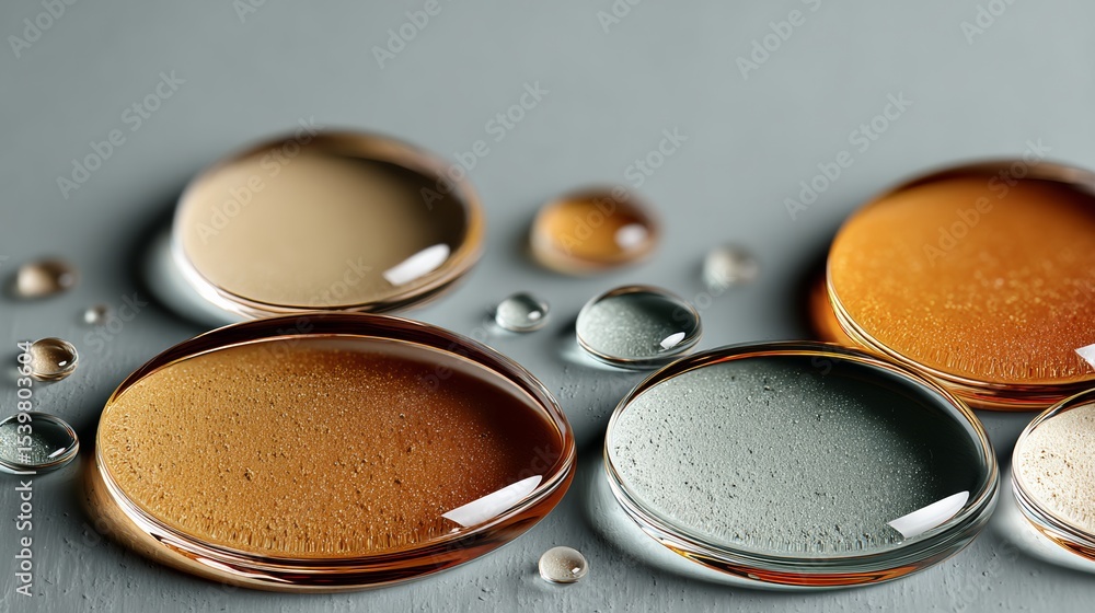 Poster collection of different colored glass spheres with water droplets on them. the spheres are of variou