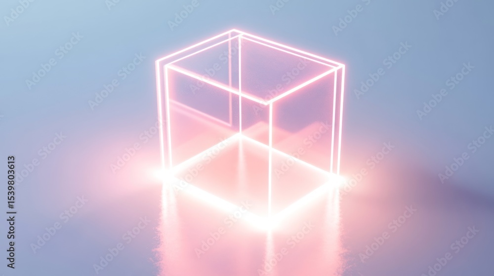 Poster abstract neon cube, 3d rendering of glowing geometric shape on reflective surface