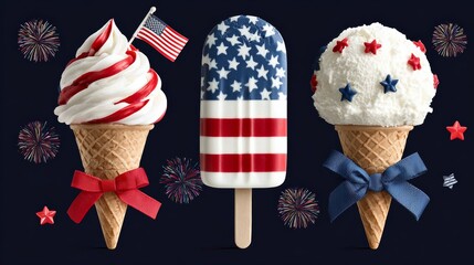 Three ice cream cones with American flags on top. The cones are decorated with red, white, and blue ribbons