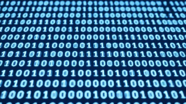 Binary code background with rows of blue illuminated ones and zeros filling the entire frame view