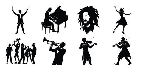 silhouettes of musician on white background
