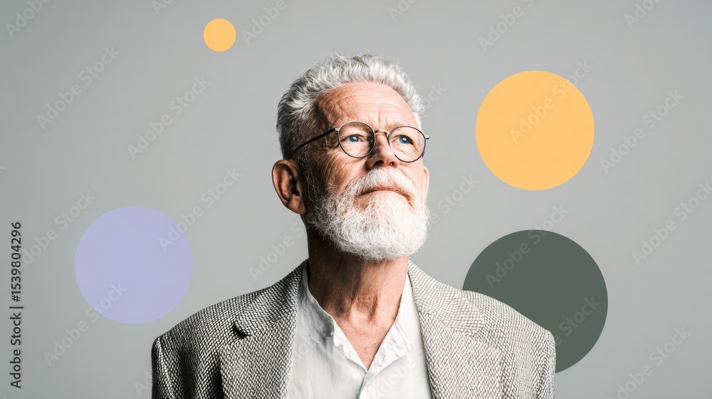 Poster man with a beard and glasses is looking up at the camera. the image has a colorful background with c