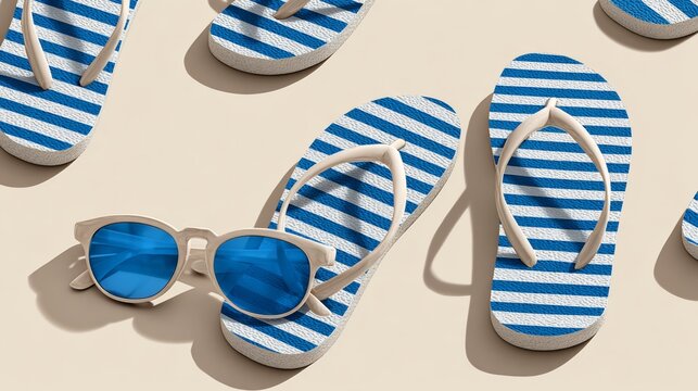 Collection of flip flops with sunglasses on top, arranged in a row. The sunglasses are blue and white, and they are placed on top of the flip flops. Scene is casual and relaxed - Powered by Adobe