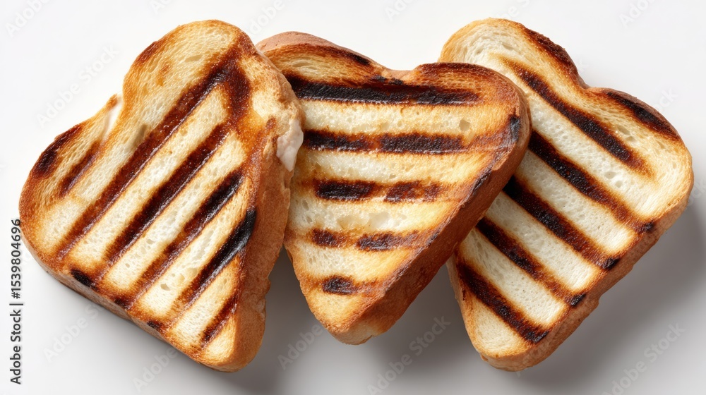 Poster three grilled bread slices with a burnt crust and a melted cheese filling. the bread slices are arra