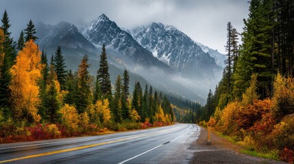 Autumn Road Trip: A scenic highway winds through a breathtaking autumn landscape.