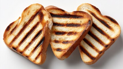 Three grilled bread slices with a burnt crust and a melted cheese filling. The bread slices are arranged in a triangular shape, with the cheese filling in the middle. Concept of indulgence and comfort