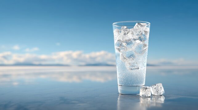 Glass of water with ice cubes in it is sitting on a table. Concept of refreshment and relaxation, as the cold water and ice cubes provide a cool and soothing sensation. The glass itself is clear