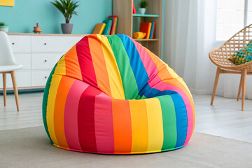 Vibrant Rainbow Striped Bean Bag Chair in Modern Living Room Interior