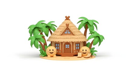Tropical House on Beach with Palm Trees