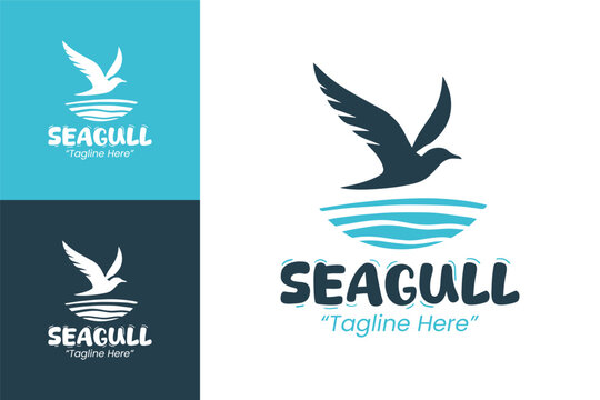 Stylish Seagull Logo with Blue Waves and Dynamic Bird Symbol
