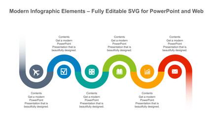 Colorful Horizontal Timeline Infographic with 6 Steps and Icons. Fully editable vector SVG file compatible with PowerPoint, Illustrator, and most vector-based applications.