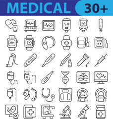 Medical and Healthcare Line Icons Set , Editable Vector Symbols for Medicine, Hospital, Doctor, and Wellness Concepts


