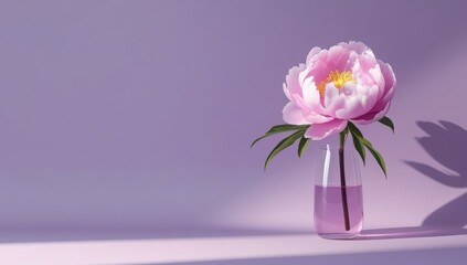 Elegant pink peony in a vase with water on a pastel purple background
