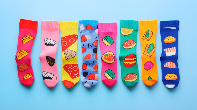 National Cheesy Socks Day concept. Quirky flat lay of colorful mismatched socks with food patterns