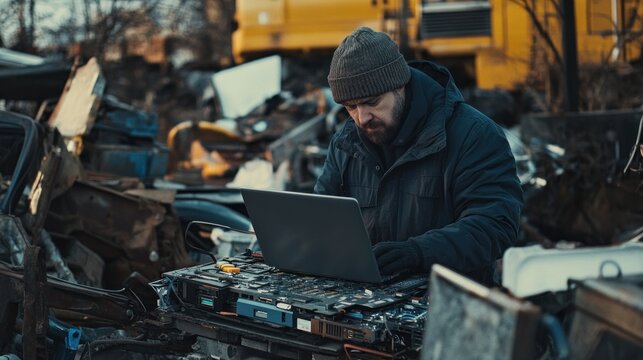 Focused man using laptop in junkyard surrounded by scrap metal, technology concept - Powered by Adobe