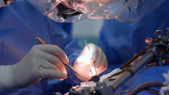 Metal tools in the gloved hands of the unrecognized surgeon. Close up. Doctor is using instrument and thread to sew the incision.