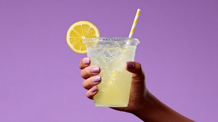Person is holding a cup of lemonade with a straw in it. The cup is made of plastic and has a yellow straw