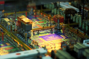 Obraz premium Close-up view of a complex circuit board.