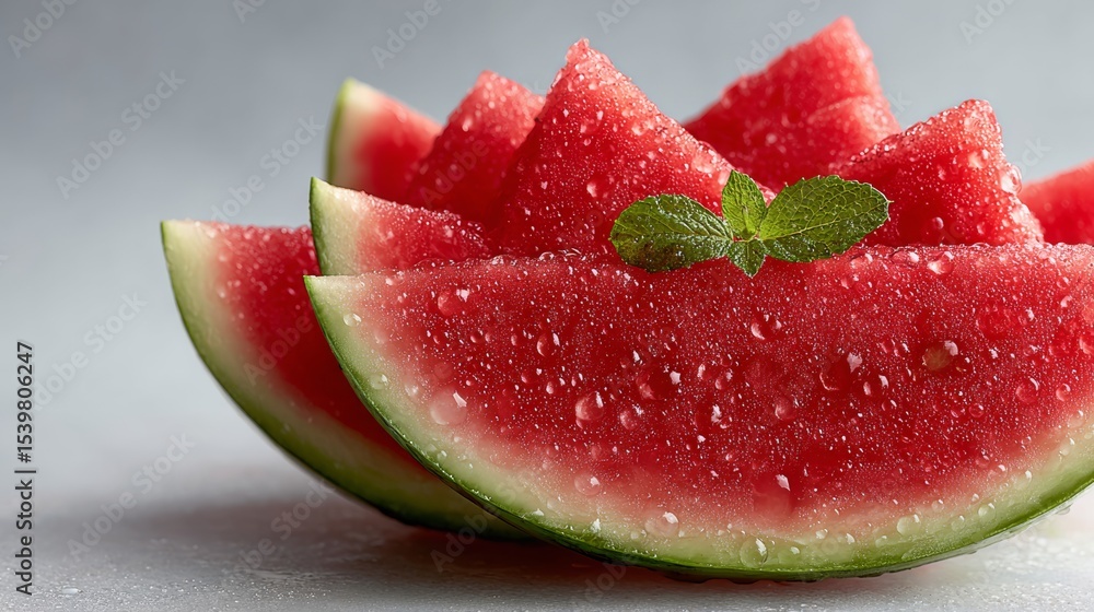 Poster watermelon is cut into slices and has a green leaf on top. the slices are arranged in a way that the