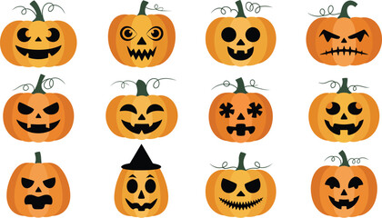 A collection of twelve cartoon pumpkins with various carved faces on a white background for halloween use