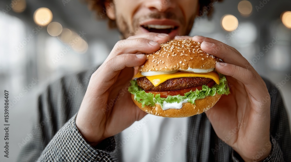 Poster man is holding a large hamburger with lettuce and cheese. he is smiling and he is enjoying his meal