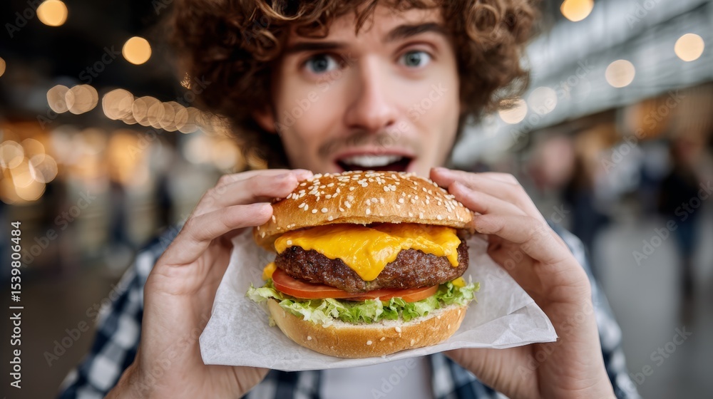 Aufkleber man is holding a large hamburger with cheese and lettuce on a bun. he is smiling and he is enjoying 