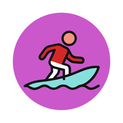Surfer riding wave on surfboard in vibrant circular graphic style  