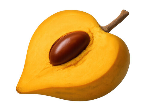 Ripe orange egg fruit halved, revealing inner seed, transparent backdrop highlighting fresh, vibrant produce details