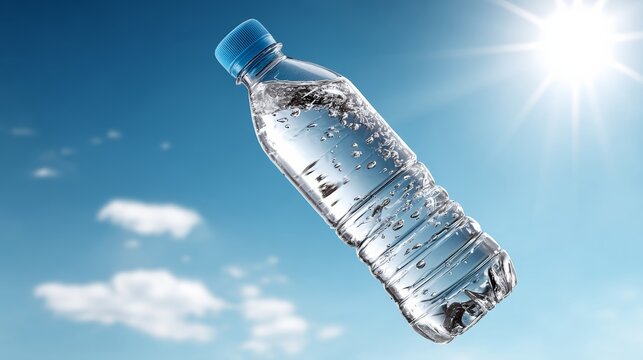 Bottle of water is floating in the air. The bottle is clear and blue, and the water inside is sparkling. Concept of freshness and purity, as well as the idea of staying hydrated and healthy
