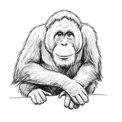 Bornean Orangutan – Pongo pygmaeus. Orangutan with gentle smile leans on surface with curiosity. Wildlife illustration concept © Andromax Studio