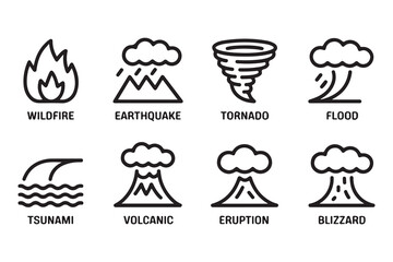 Disaster, weather hazard line icon set. Vector pictograms of natural and environmental calamities, wildfire, earthquake, tornado, flood, tsunami, volcanic eruption, blizzard thin linear illustration.