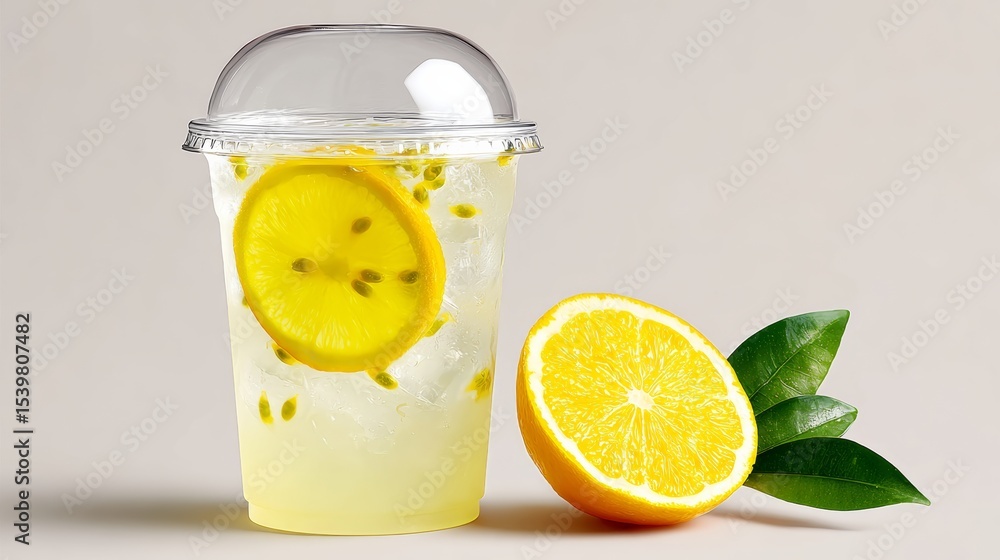 Aufkleber glass of lemonade with a slice of lemon on top. the lemonade is in a plastic cup and the lemon slice