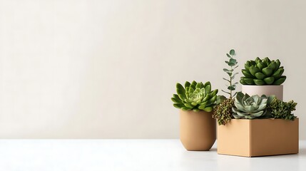 Succulents in various pots against a light beige background.