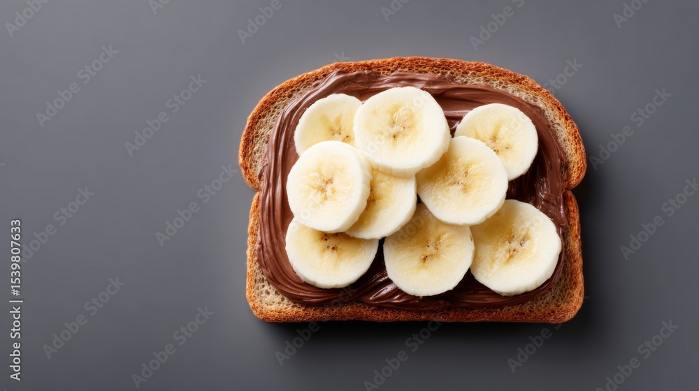 Poster slice of bread with a generous amount of chocolate spread and sliced bananas on top. concept of indu