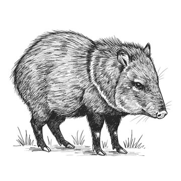 An intricate peccary sketch showcasing a detailed animal figure. The drawing features fine lines and shading to highlight the peccary's fur and form, set against a simple background with grass. Repres