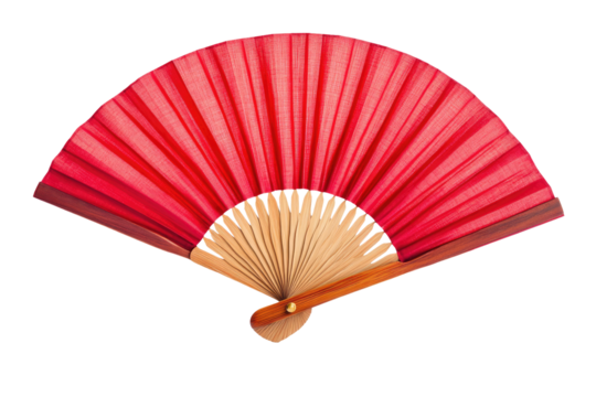 Red Traditional Folding Fan with Wooden Handle isolated on transparent white background, clipping path - Powered by Adobe